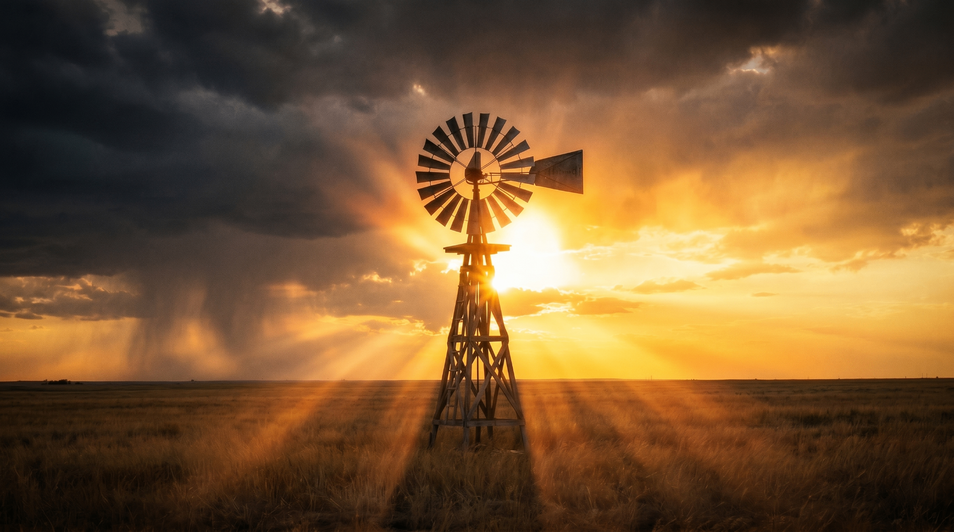Vintage farm windmill at golden sunset with storm breaking to gold light.