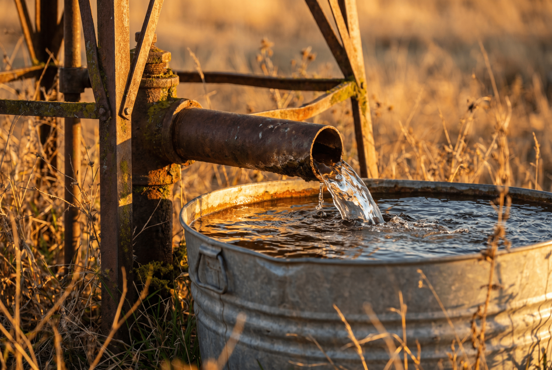 Water flowing from a vintage windmill pipe into a galvanized tank at golden hour.