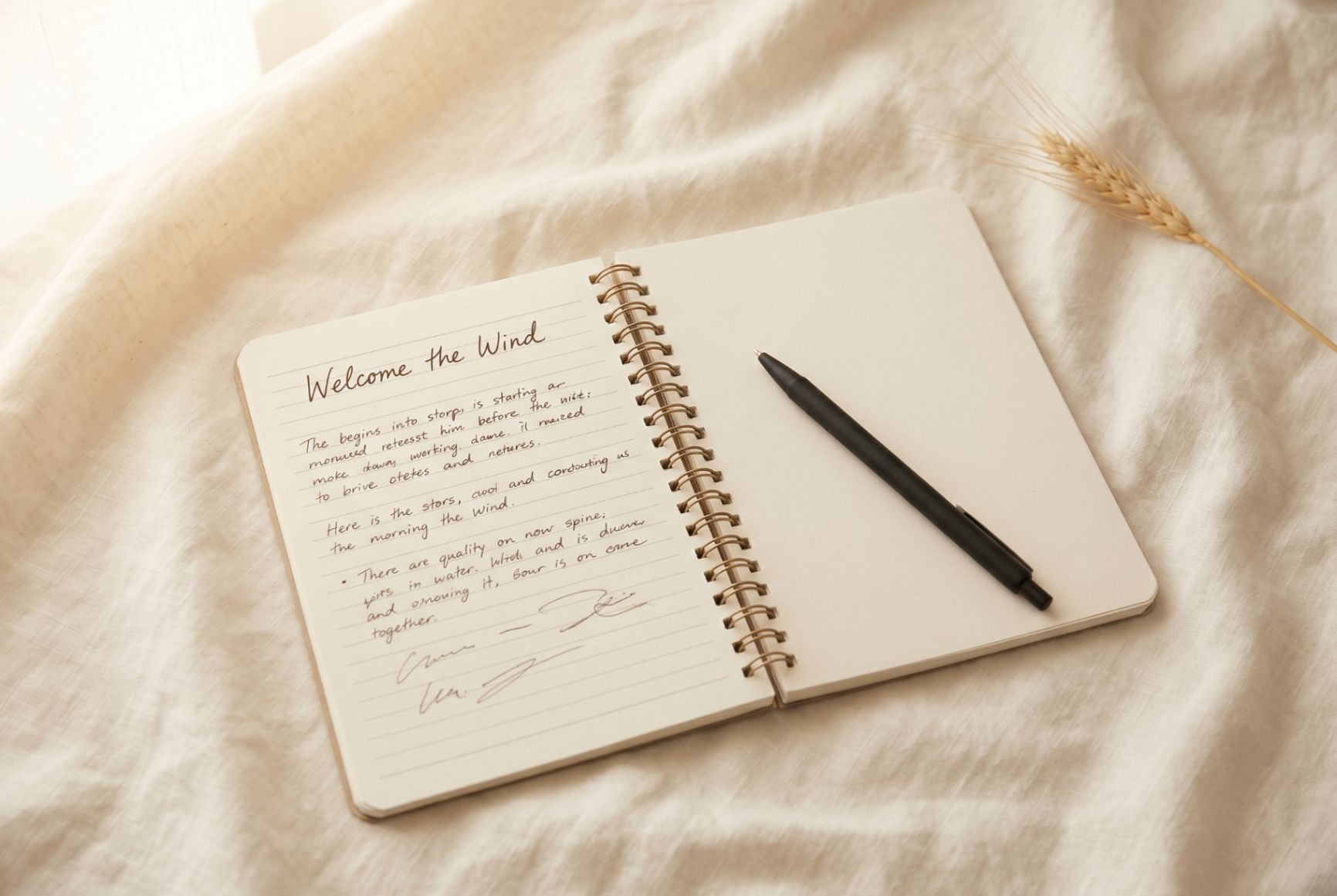 Open journal with Welcome the Pressure handwritten notes on cream linen.